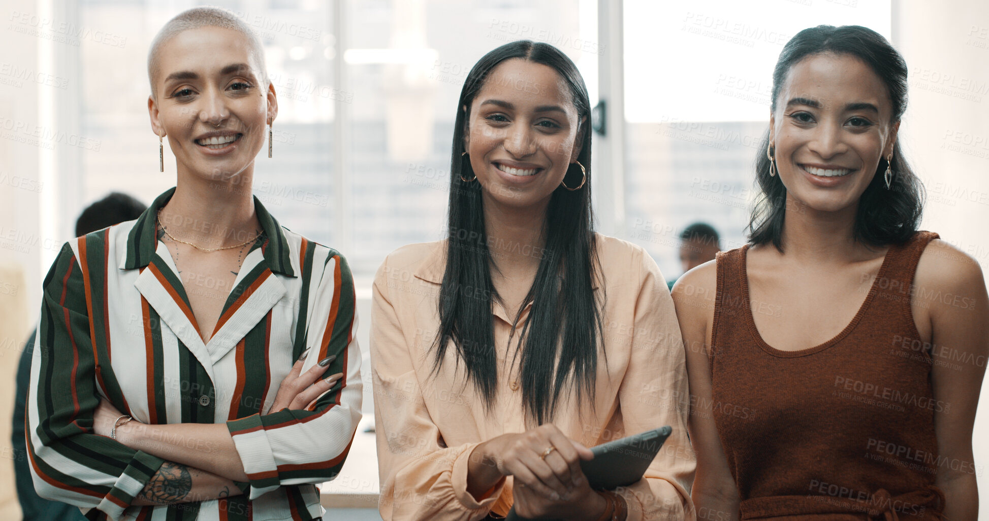 Buy stock photo Team, happy and portrait of business women with tablet for about us, diversity and collaboration. Partnership, digital report and professional with group of people in creative agency for support