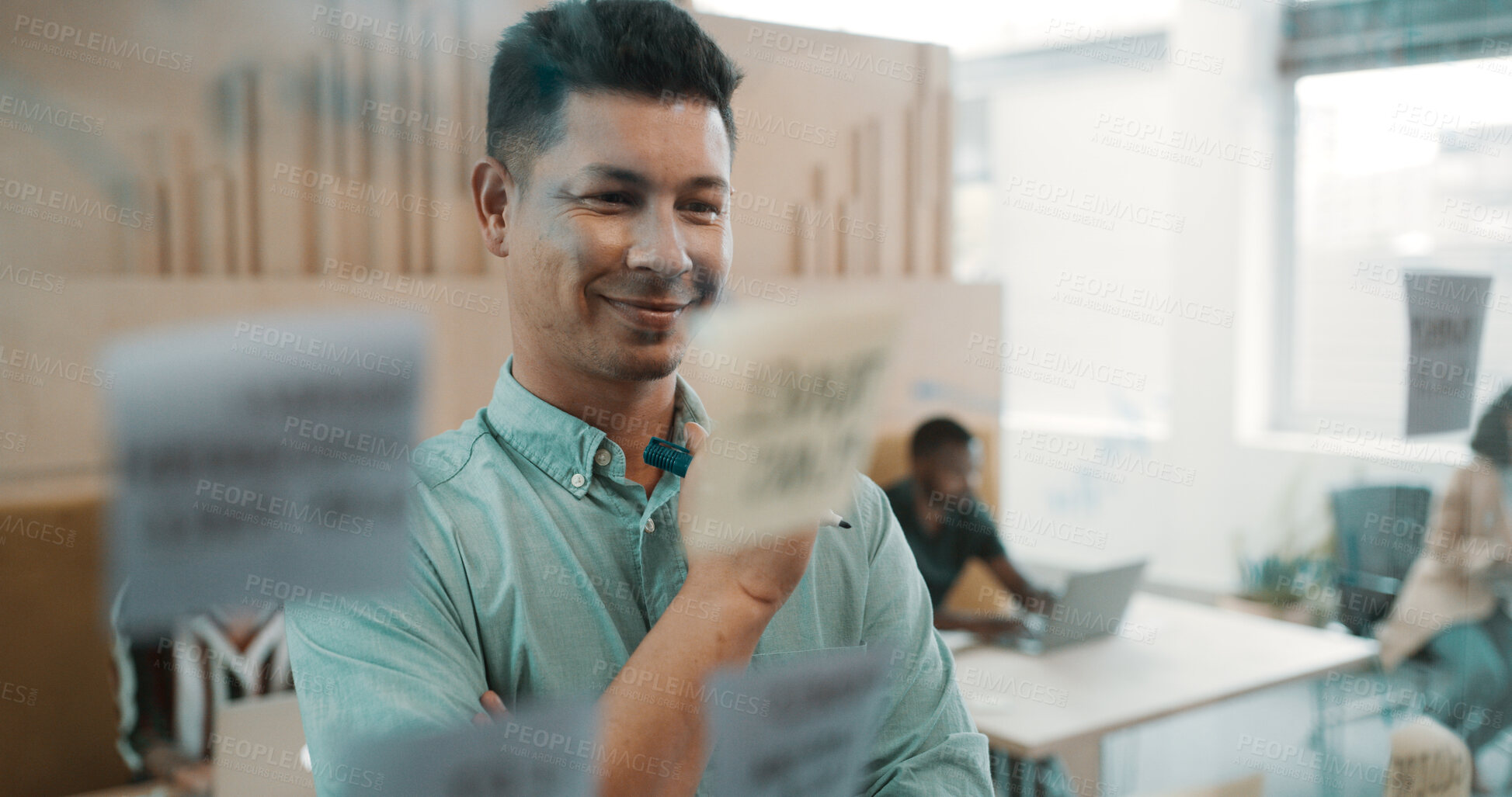 Buy stock photo Brainstorming, glass wall and planning with business man in coworking office for development. Mindmap, sticky note or strategy with employee in workplace for problem solving, productivity or solution