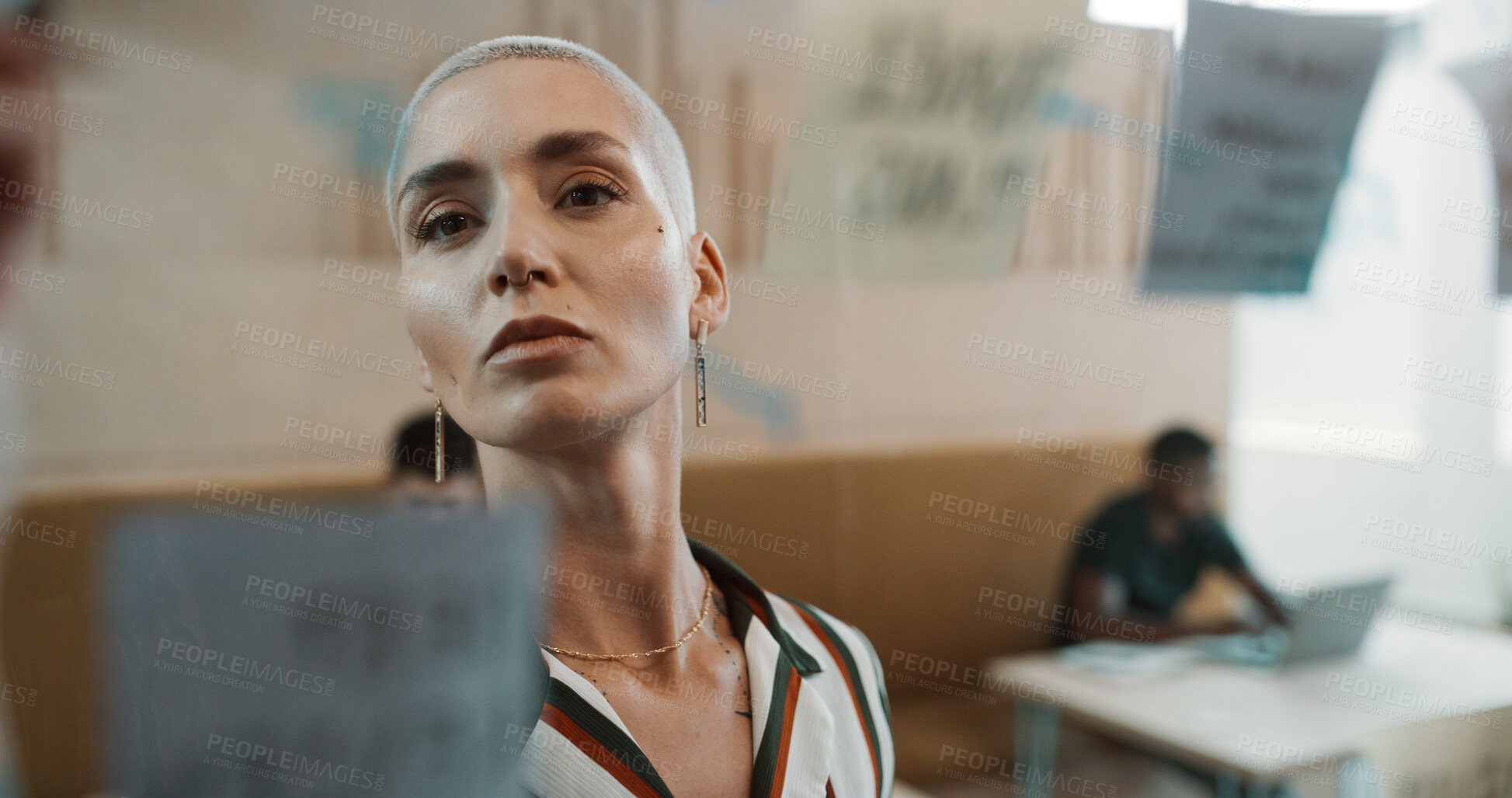 Buy stock photo Creative woman, thinking and glass wall for planning, brainstorming and sticky notes strategy in office. Business owner, entrepreneur and mood board for goals, project management or proposal report