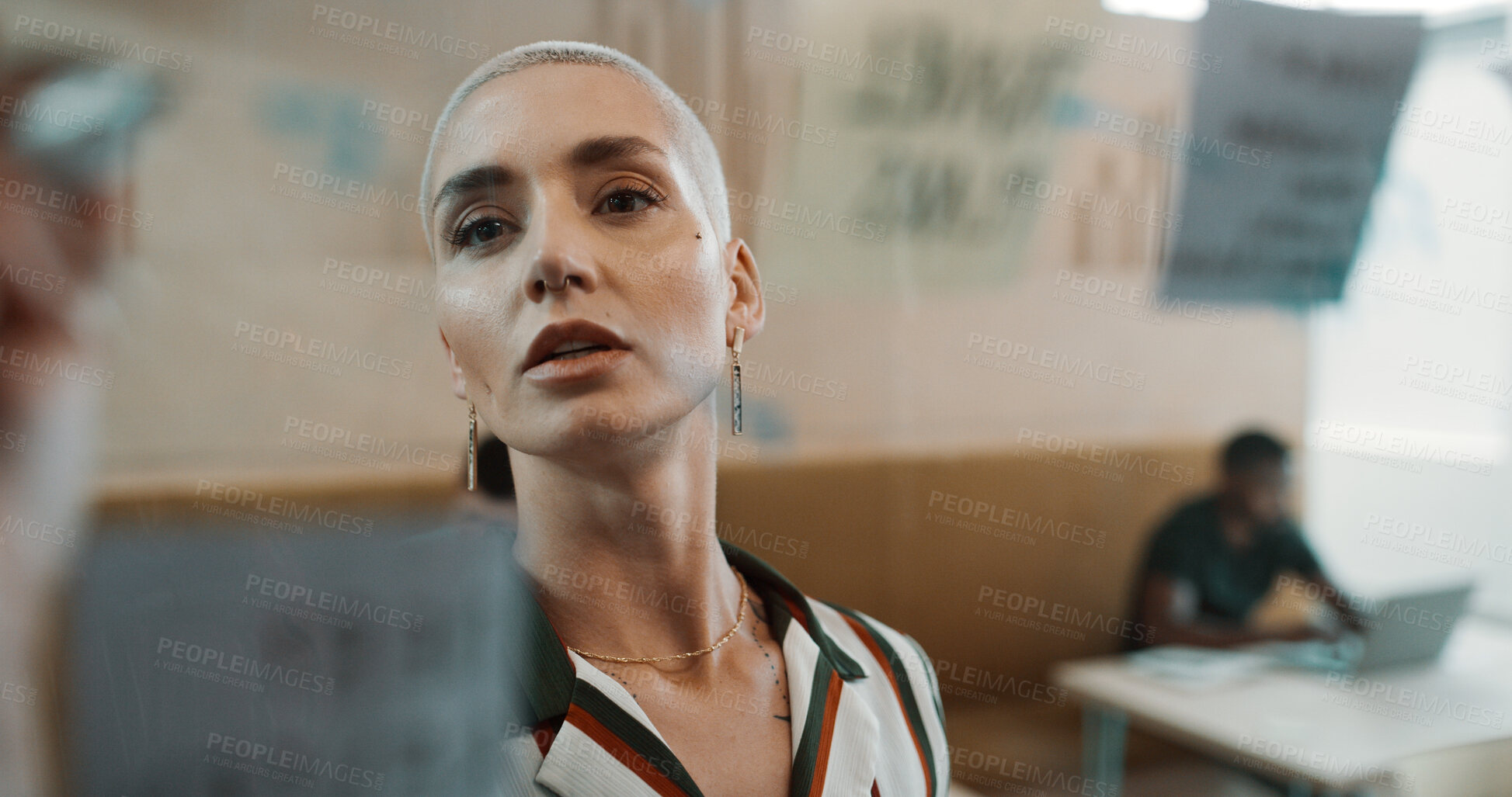 Buy stock photo Creative woman, writing and glass wall for management, brainstorming and sticky note strategy in office. Business owner, entrepreneur and mood board for goals, project planning or proposal report