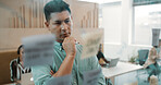 Creative man, thinking and glass wall for planning, brainstorming and sticky notes strategy in office. Business owner, entrepreneur and mood board for goals, project management or proposal report