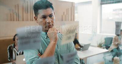 Buy stock photo Creative man, thinking and glass wall for planning, brainstorming and sticky notes strategy in office. Business owner, entrepreneur and mood board for goals, project management or proposal report