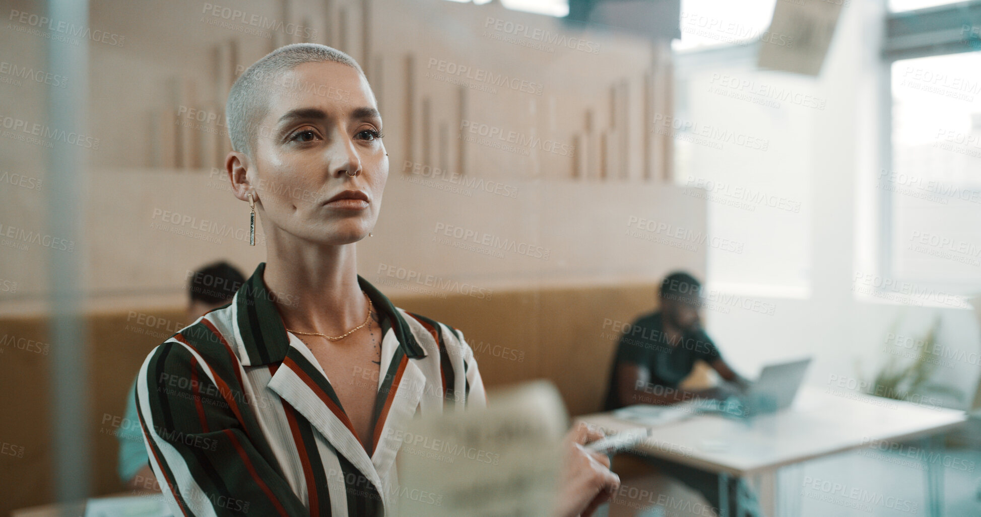 Buy stock photo Business woman, thinking and glass wall for planning, brainstorming and sticky note strategy in office. Creative owner, entrepreneur and mood board for goals, project management or proposal report