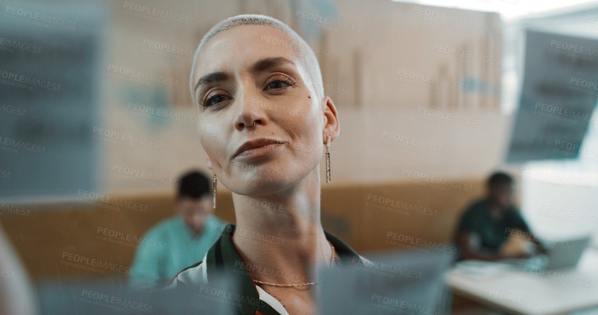 Buy stock photo Brainstorming, glass wall and planning with business woman in coworking office for development. Mindmap, sticky note and strategy with designer at work for problem solving, productivity or solution