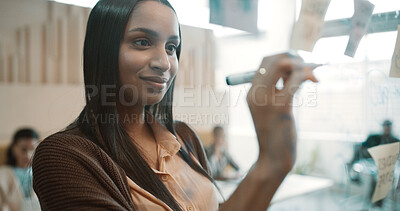 Buy stock photo Business woman, writing and glass for planning, ideas or schedule with project management in office. Brainstorming, strategy and employee by board for calendar, agenda and research notes at workplace