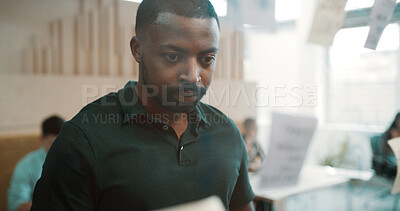 Buy stock photo Businessman, thinking or brainstorming with glass board in office for mindmap, ideas or strategy. Sticky note, male person or creative employee contemplating tasks with reminder for agenda or project