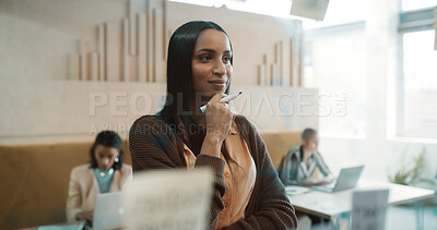 Buy stock photo Creative woman, thinking and glass wall for brainstorming, planning and sticky note strategy in office. Business owner, entrepreneur and mood board for goals, project management or proposal report