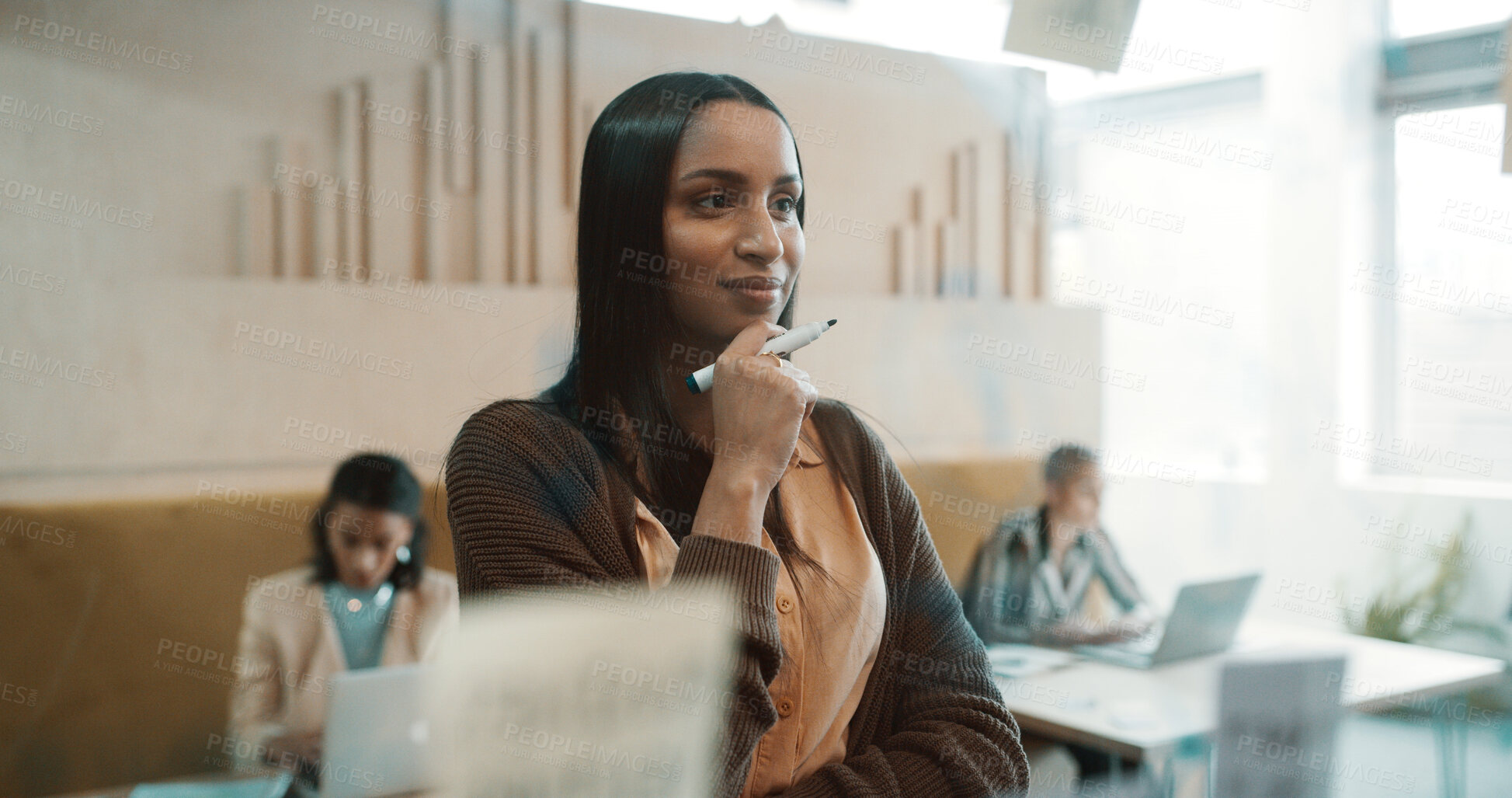 Buy stock photo Creative woman, thinking and glass wall for brainstorming, planning and sticky note strategy in office. Business owner, entrepreneur and mood board for goals, project management or proposal report