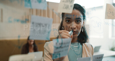 Buy stock photo Portrait, business woman and glass for planning, ideas or schedule for project management in office. Brainstorming, mind map and employee by board for calendar, agenda and research notes at workplace