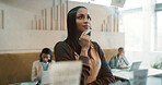Business woman, thinking and glass wall for brainstorming, planning and sticky note strategy in office. Creative owner, entrepreneur and mood board for goals, project management or proposal report