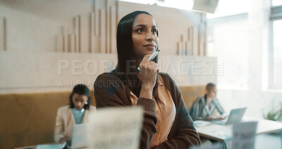 Buy stock photo Business woman, thinking and glass wall for brainstorming, planning and sticky note strategy in office. Creative owner, entrepreneur and mood board for goals, project management or proposal report
