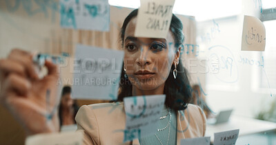 Buy stock photo Business woman, writing and glass wall for thinking, planning and sticky note strategy in office. Creative owner, entrepreneur and mood board for goals, project management or proposal brainstorming