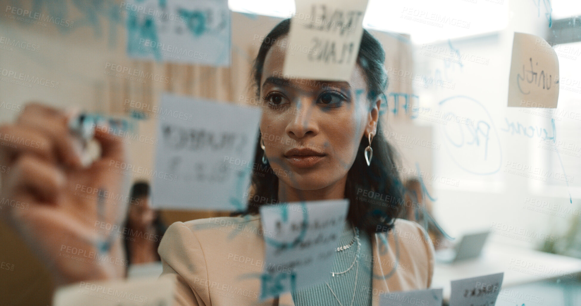 Buy stock photo Business woman, writing and glass wall for thinking, planning and sticky note strategy in office. Creative owner, entrepreneur and mood board for goals, project management or proposal brainstorming