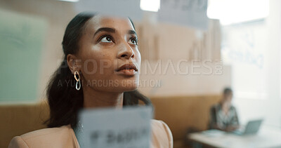 Buy stock photo Business woman, thinking or brainstorming with glass board in office for mindmap, ideas or strategy. Thoughtful, female person or employee contemplating tasks with reminder for agenda or project