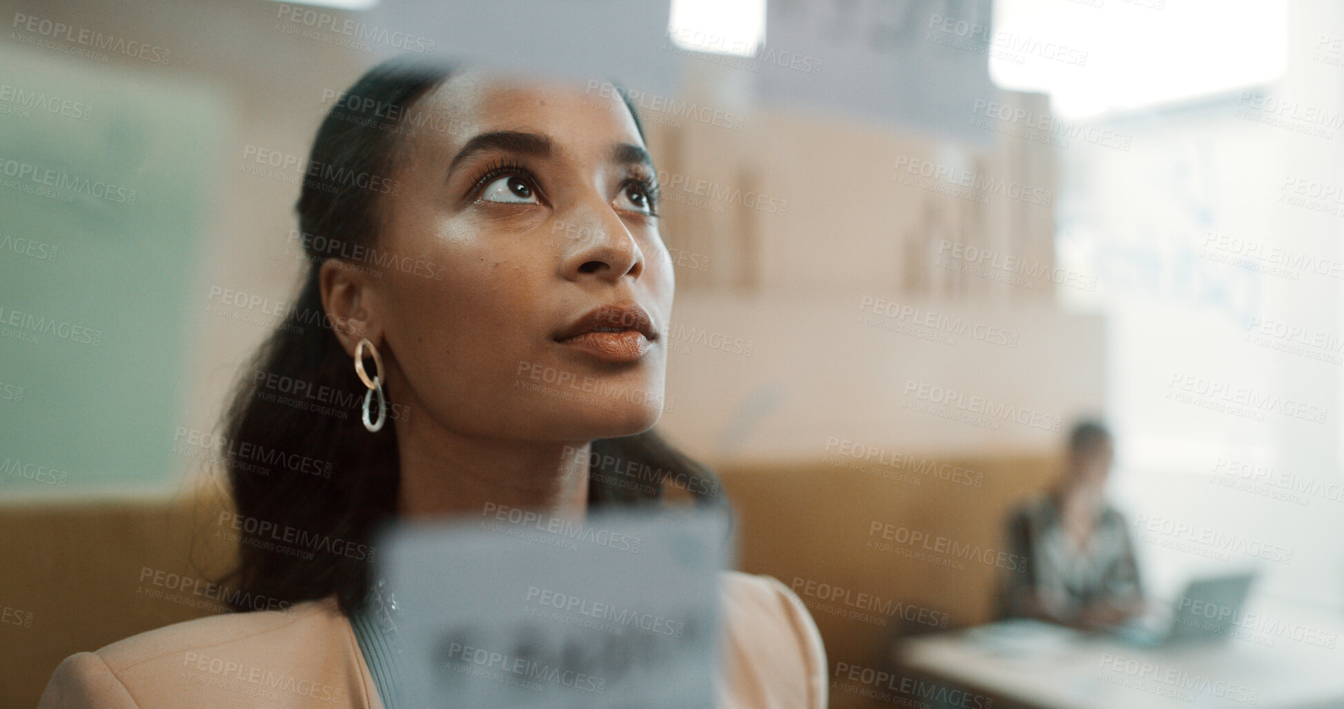 Buy stock photo Business woman, thinking or brainstorming with glass board in office for mindmap, ideas or strategy. Thoughtful, female person or employee contemplating tasks with reminder for agenda or project