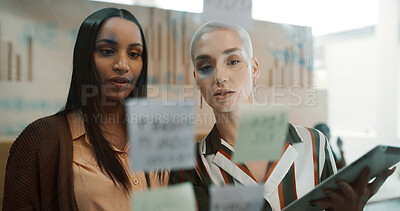 Buy stock photo Business, women and brainstorming by glass with tablet for research, sticky note and team discussion. Info, schedule or agenda with female people planning, partner and tech for project management