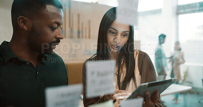Buy stock photo Team, people and brainstorming by glass with tablet for research, sticky note and creative thinking. Info, schedule or vision with employees planning, partner insight and tech for project management