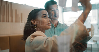 Buy stock photo Business, people and brainstorming by glass with writing, research and team discussion with tablet. Info, schedule or agenda with man and woman planning, partner and project management in office
