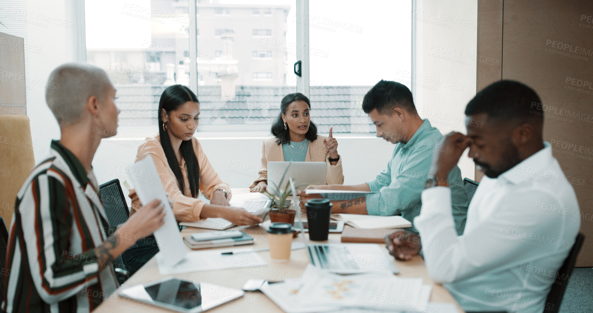 Buy stock photo Discussion, documents and business people in office for planning with creative project in collaboration. Meeting, paperwork and team of editors with article for publishing in workplace boardroom.