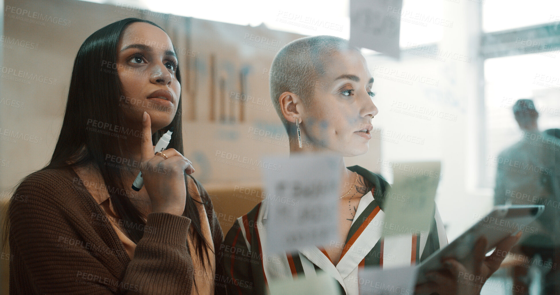 Buy stock photo Thinking, women and brainstorming by glass with tablet for research, sticky note and team meeting. Info, insight or decision for agenda with people planning, partner and tech for project management