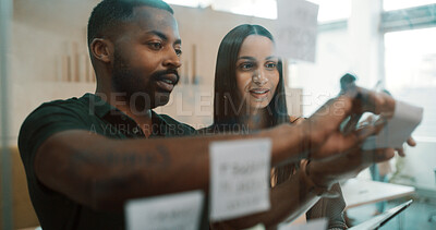 Buy stock photo Business people, brainstorming or planning with sticky note on glass board for mindmap in office. Businessman, woman or employees with schedule reminder for task, agenda or project ideas in workplace