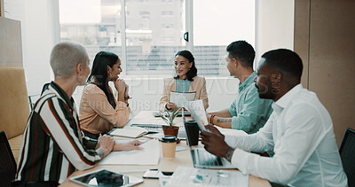 Buy stock photo Creative, team or planning with paperwork in office for editorial guidance, story ideas or advice. Publishing agency, people and editor with discussion in meeting for news feedback and review topics