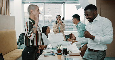 Buy stock photo Happy, business people and celebration with documents in office for completion, done or finished. Excited, team or group of employees with applause, clapping or paperwork in air for success together