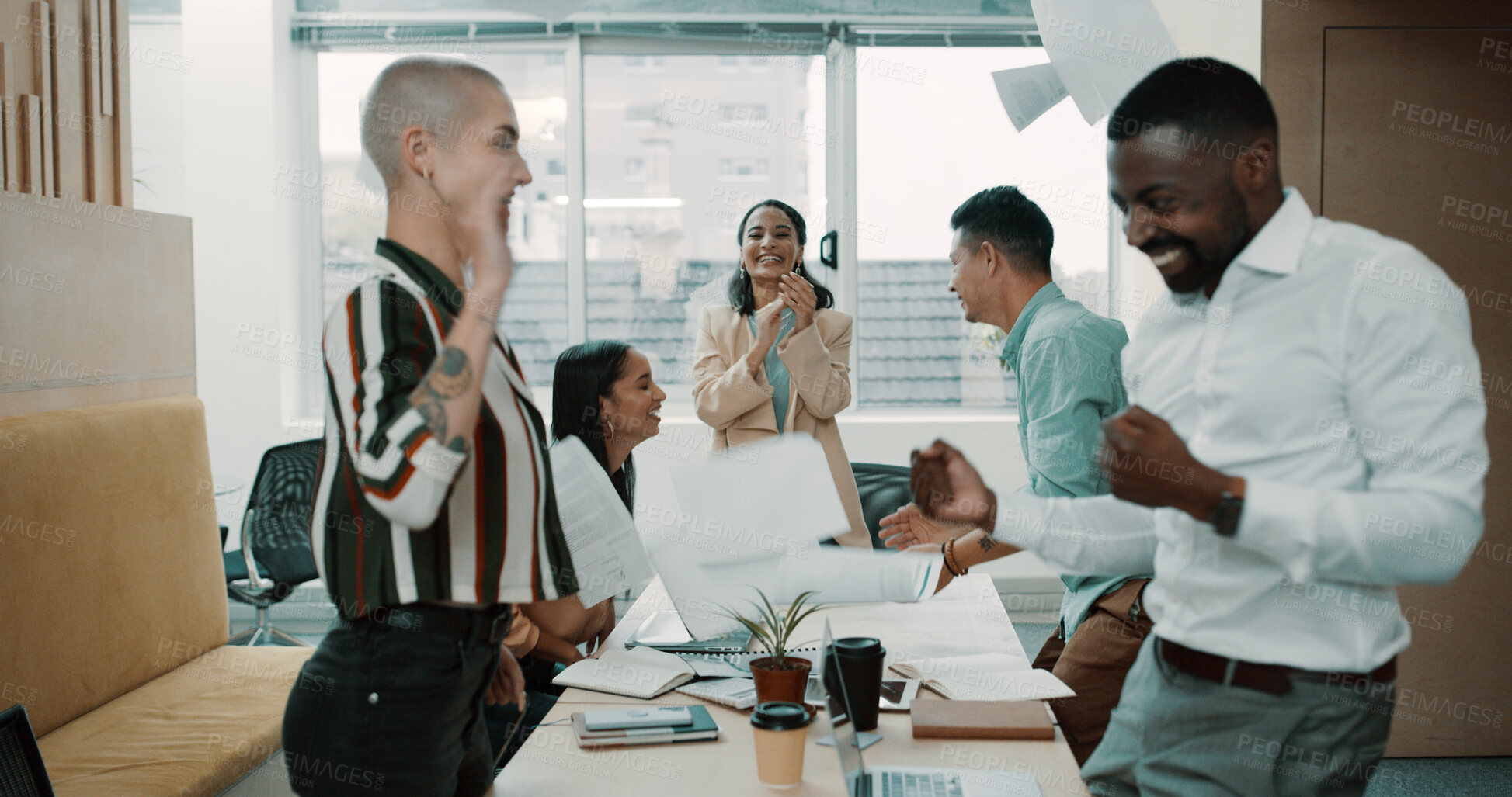Buy stock photo Happy, business people and celebration with documents in office for completion, done or finished. Excited, team or group of employees with applause, clapping or paperwork in air for success together