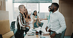 Happy, business people and celebration with documents in office for completion, done or finished. Excited, group or employees with applause, clapping or paperwork for project success in workplace