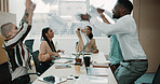 Excited, business people and celebration with documents in air for completion, done or finished. Happy, group or employees throwing paperwork for project success, deadline or winning in workplace