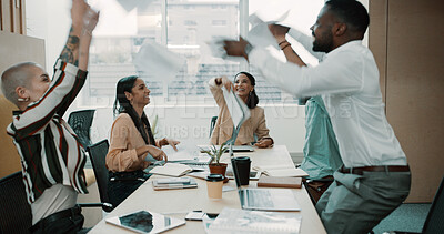 Buy stock photo Excited, business people and celebration with documents in air for completion, done or finished. Happy, group or employees throwing paperwork for project success, deadline or winning in workplace