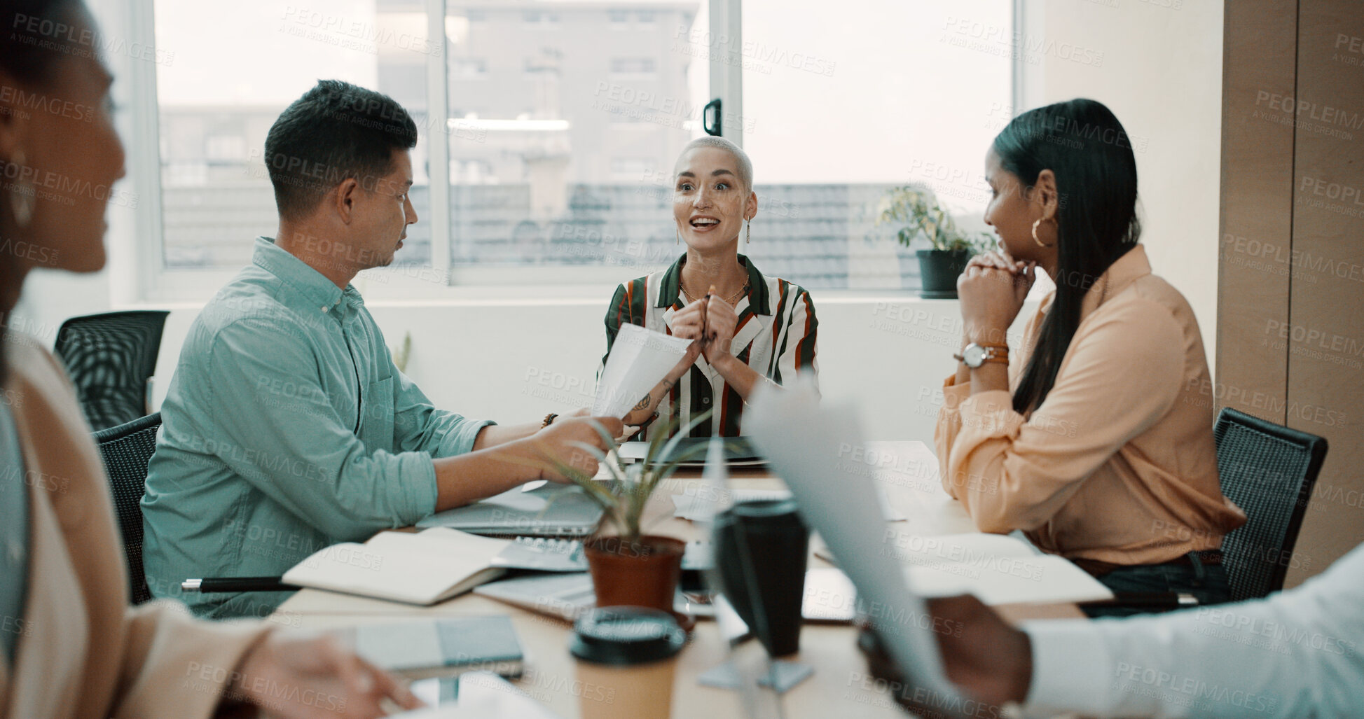 Buy stock photo Meeting, documents and business people in office for planning with creative project in collaboration. Discussion, paperwork and team of editors with article for publishing in workplace boardroom.