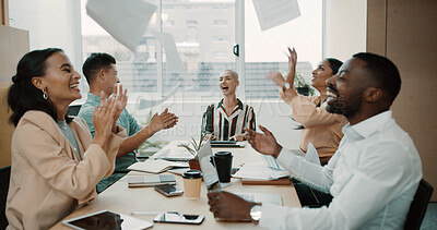Buy stock photo Happy, business people or applause with documents in air for completion, done or finished in office. Excited, group or employees clapping in celebration with paperwork for project success together