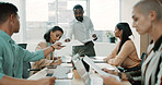 Presentation, documents or man in office, team or planning for budget report. People, financial agency or employees with cooperation, feedback or proposal for revenue increase or review profit growth