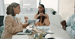 Woman, team and finance documents at meeting in office for budget, discussion and planning at company. People, talk and paperwork for accounting, admin or charts with results for revenue at agency