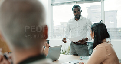 Buy stock photo Presentation, business and man in office, team or documents for budget report. People, financial agency or employees in workplace, cooperation or proposal for revenue increase or review profit growth