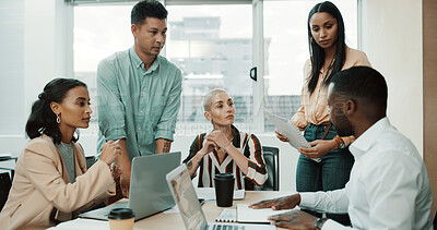 Buy stock photo Creative, team or planning with documents in office for editorial guidance, story review or advice. Magazine agency, people and editor with feedback in meeting for news publication or topics briefing