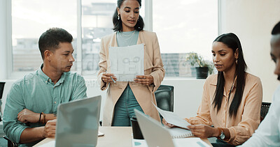 Buy stock photo Business paperwork, people or meeting with data for campaign performance, sales or startup growth. Marketing agency, team or discussion with graphs for KPI analysis, social media metrics and planning