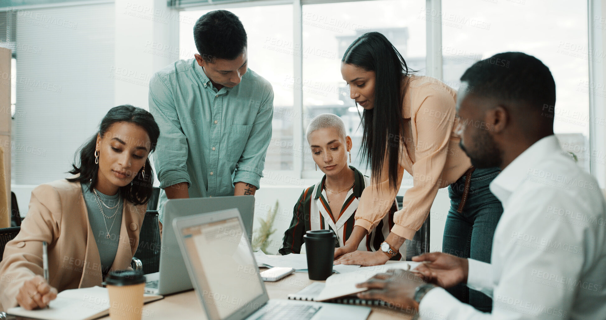 Buy stock photo Creative, team or meeting with planning in office for manuscript revision, editing notes and tech. Journalist, people and brainstorming at publishing agency for story development and article briefing