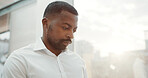 Thoughts, business and black man by window in office with vision, corporate career and accounting. Thinking, male person and reflection for company growth, financial decision and problem solving idea