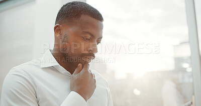 Buy stock photo Thinking, business and black man by window in office with vision, corporate career and accounting. Thoughts, male person and reflection for company growth, financial decision and problem solving idea