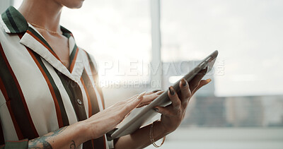 Buy stock photo Business, hands and woman with tablet research in office for newsletter, fast checking and editing. Creative agency, editor and typing on digital tech for submission approval and reading manuscript