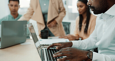 Buy stock photo Business, man and typing on laptop in meeting for research, feedback notes and writing story. Journalist, keyboard and PC for proofreading draft, schedule update and source information of publication
