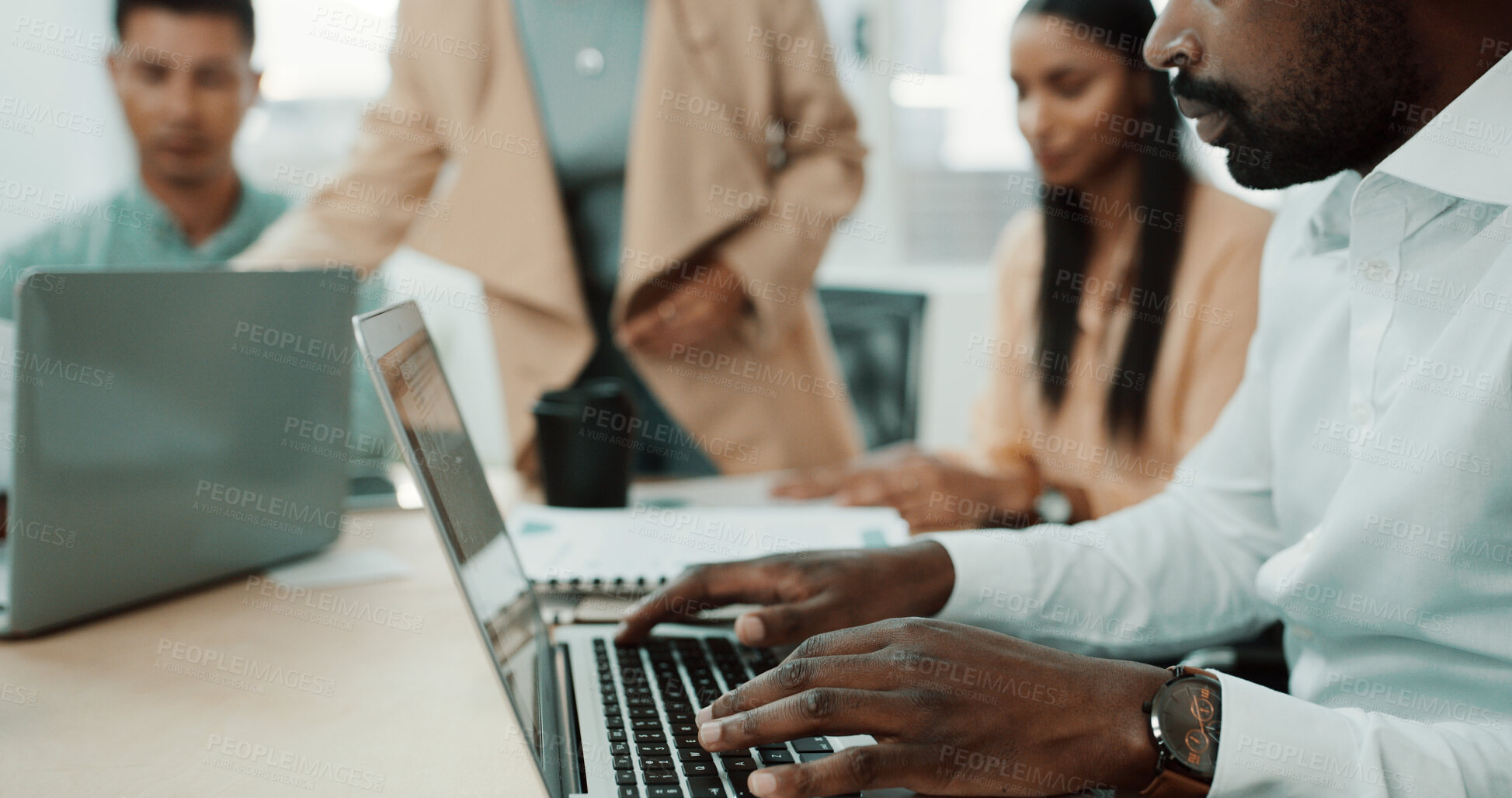 Buy stock photo Business, man and typing on laptop in meeting for research, feedback notes and writing story. Journalist, keyboard and PC for proofreading draft, schedule update and source information of publication