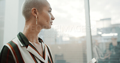 Buy stock photo Thinking, business and woman in office, creative agency and solution for news report publication. Employee, copywriting and journalist in workplace, planning and choice with ideas for article
