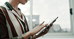 Business, hands and woman with tablet in office for publication review, fast checking and editing. Creative agency, editor and typing on digital app for proofreading, reading manuscript and research