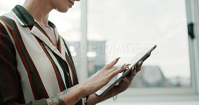 Buy stock photo Business, hands and woman with tablet in office for publication review, fact checking and editing. Creative agency, editor and typing on digital app for proofreading, reading manuscript and research