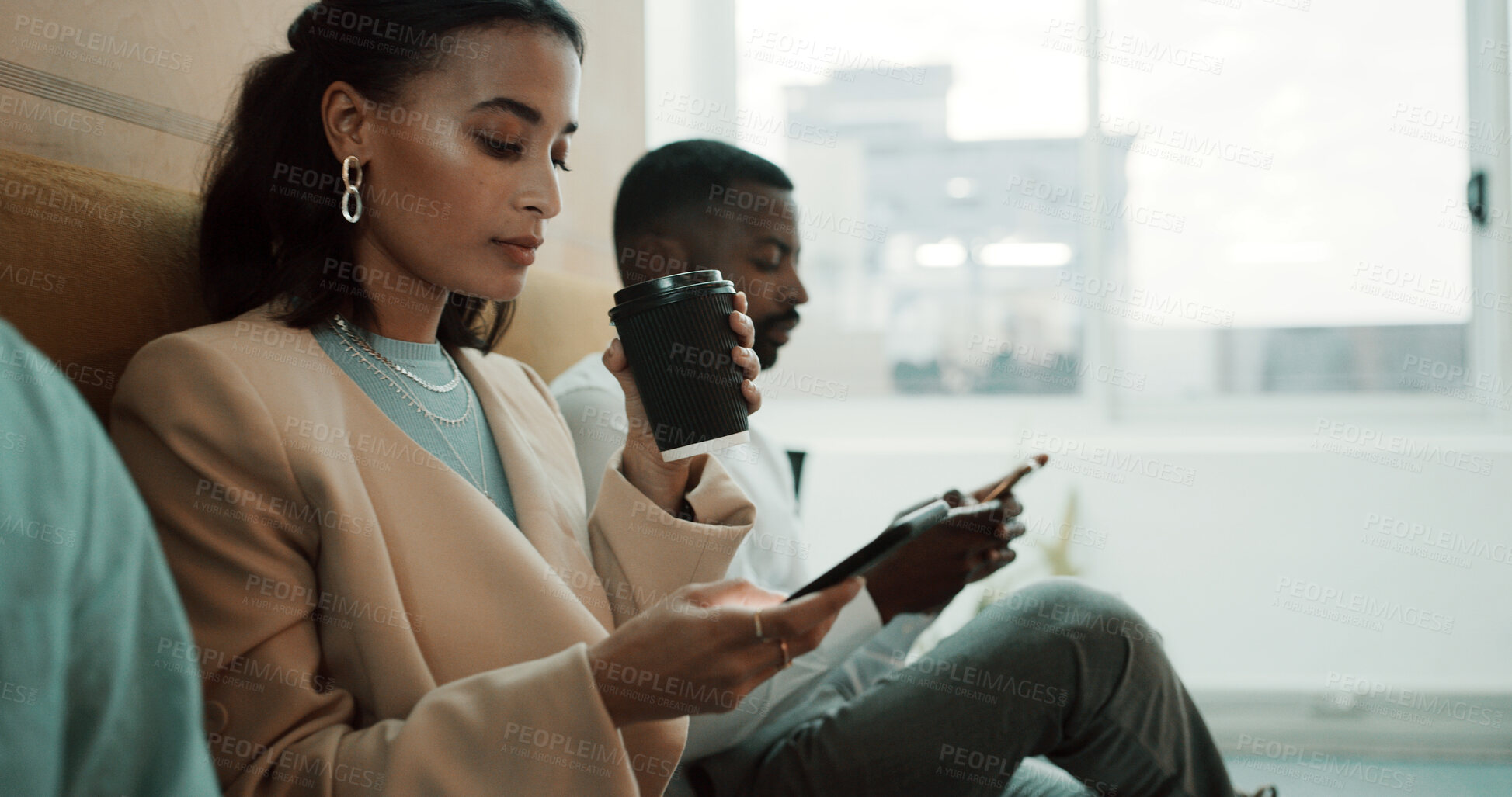 Buy stock photo Queue, phone and business woman waiting in office for research, job interview and opportunity. Line, coffee and people with cellphone for chatting on mobile app for recruitment process and update