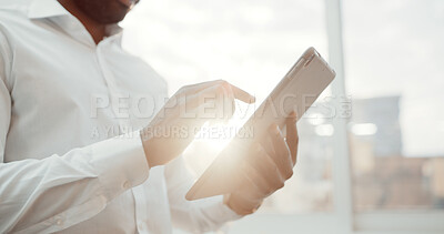 Buy stock photo Business, hands and man with tablet in office for submission review, blog editing and proofreading. Flare, editor and typing on digital app for newsletter feedback, reading manuscript or publication