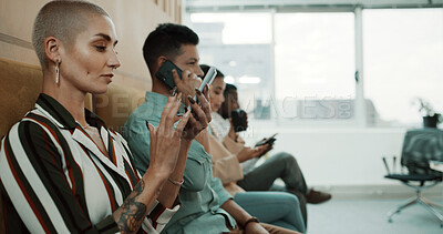 Buy stock photo Waiting room, phone and business woman in office for research, job interview and opportunity. Line, coffee and people with cellphone for chatting on mobile app for recruitment process and update